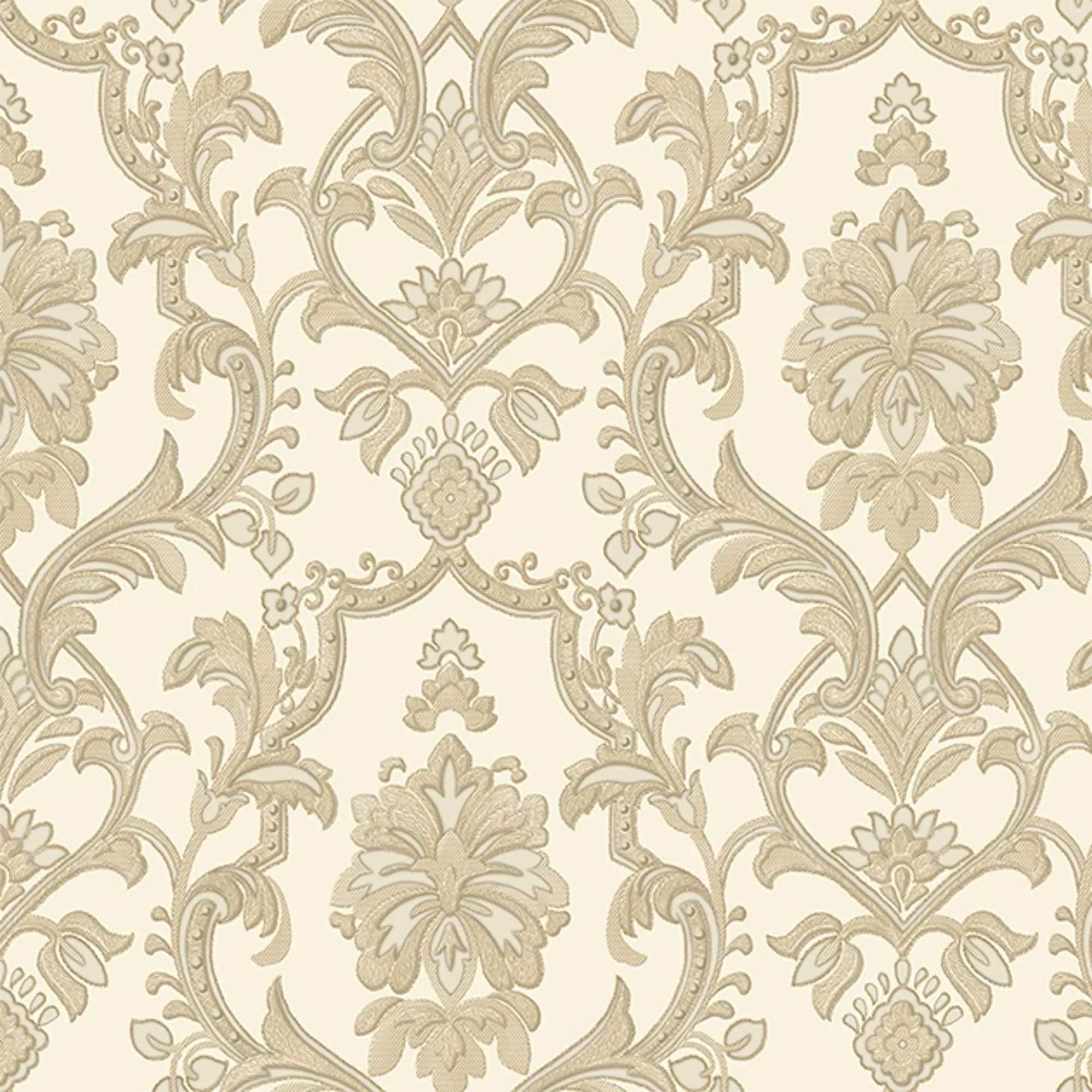 Elegant cream ornate embossed wallpaper installation